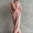Long Minimalist Pink Dress with V-Neck in Linen Blend for Women