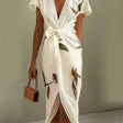 Judy | White Leaf Short Sleeve Satin Midi Dress