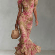 Fiora - Long dress with vintage rose print and puff sleeves