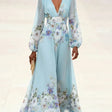 Mia | Light Blue Floral Chiffon V-Neck Maxi Dress