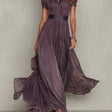 Flavia | Long Purple Dress with Keyhole Neckline and Chiffon Lace Details