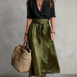 Vera – Two Piece Set: Black T-shirt and Olive Green Midi Skirt