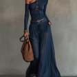 Lore | Navy One-shoulder Top And Skirt Two-piece Set (+ Free Belt)