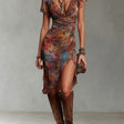 Martina - Midi pleated dress with V-neck, featuring an abstract artistic print in bohemian style