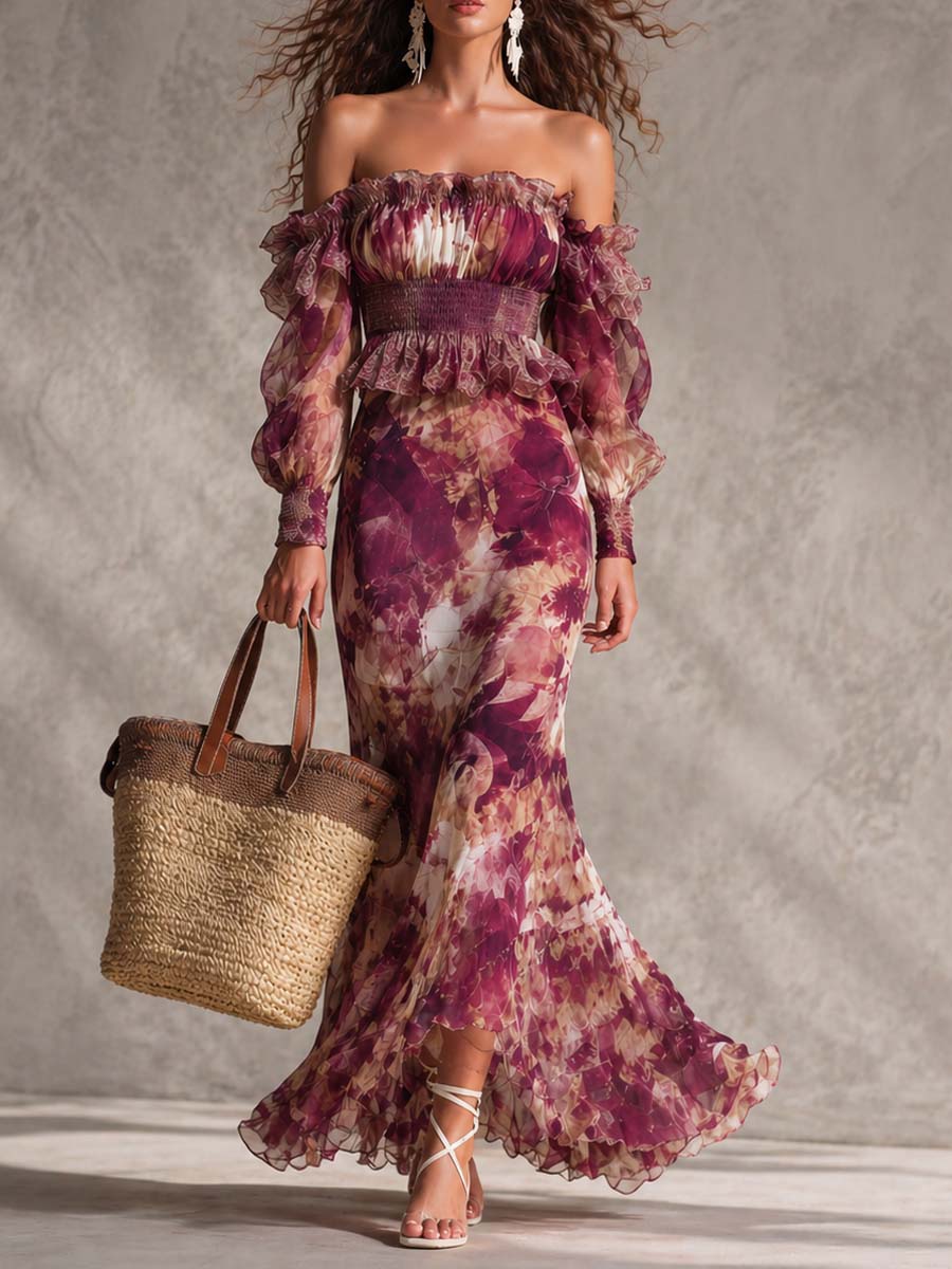 Pink Chiffon Maxi Dress with Off-Shoulder Sleeves