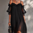 Vittoria | Black chiffon mini dress with off-the-shoulder design and lace trim