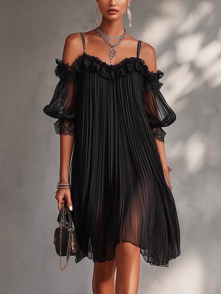 Vittoria | Black chiffon mini dress with off-the-shoulder design and lace trim