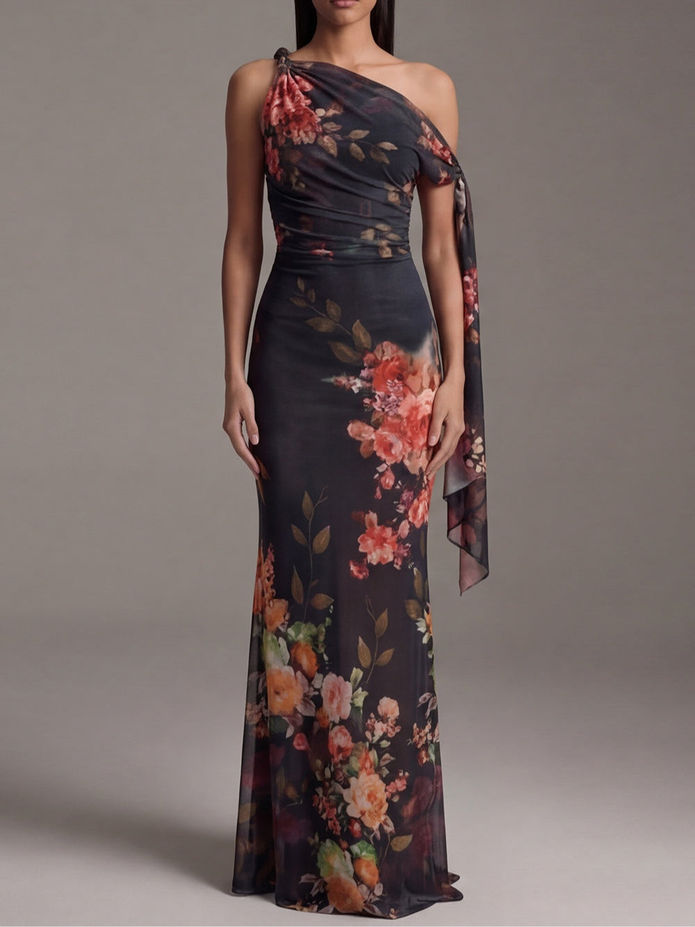 One-Shoulder Black Printed Chiffon Maxi Dress with Pleated Design