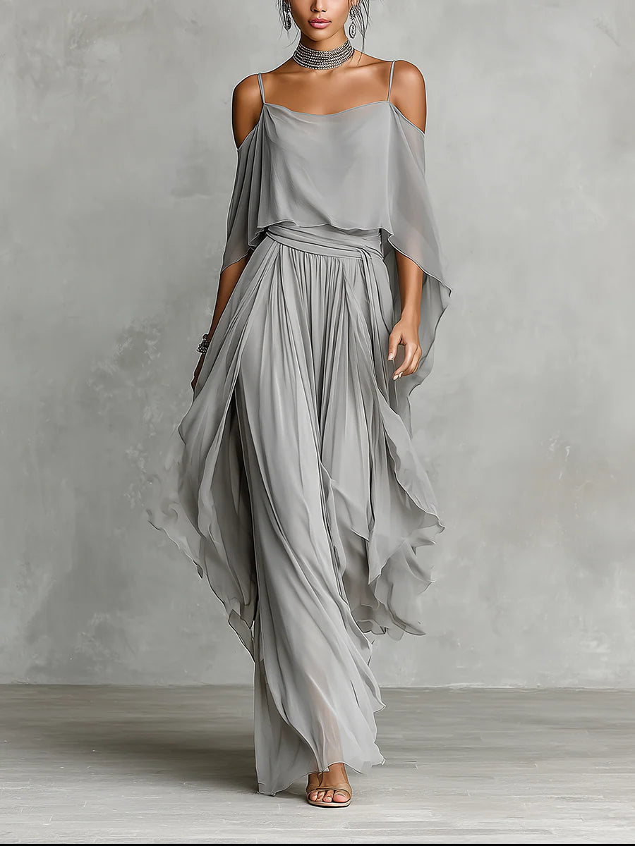 Grey Chiffon Ensemble: Flowing Tank Top with Off-the-Shoulder Trousers