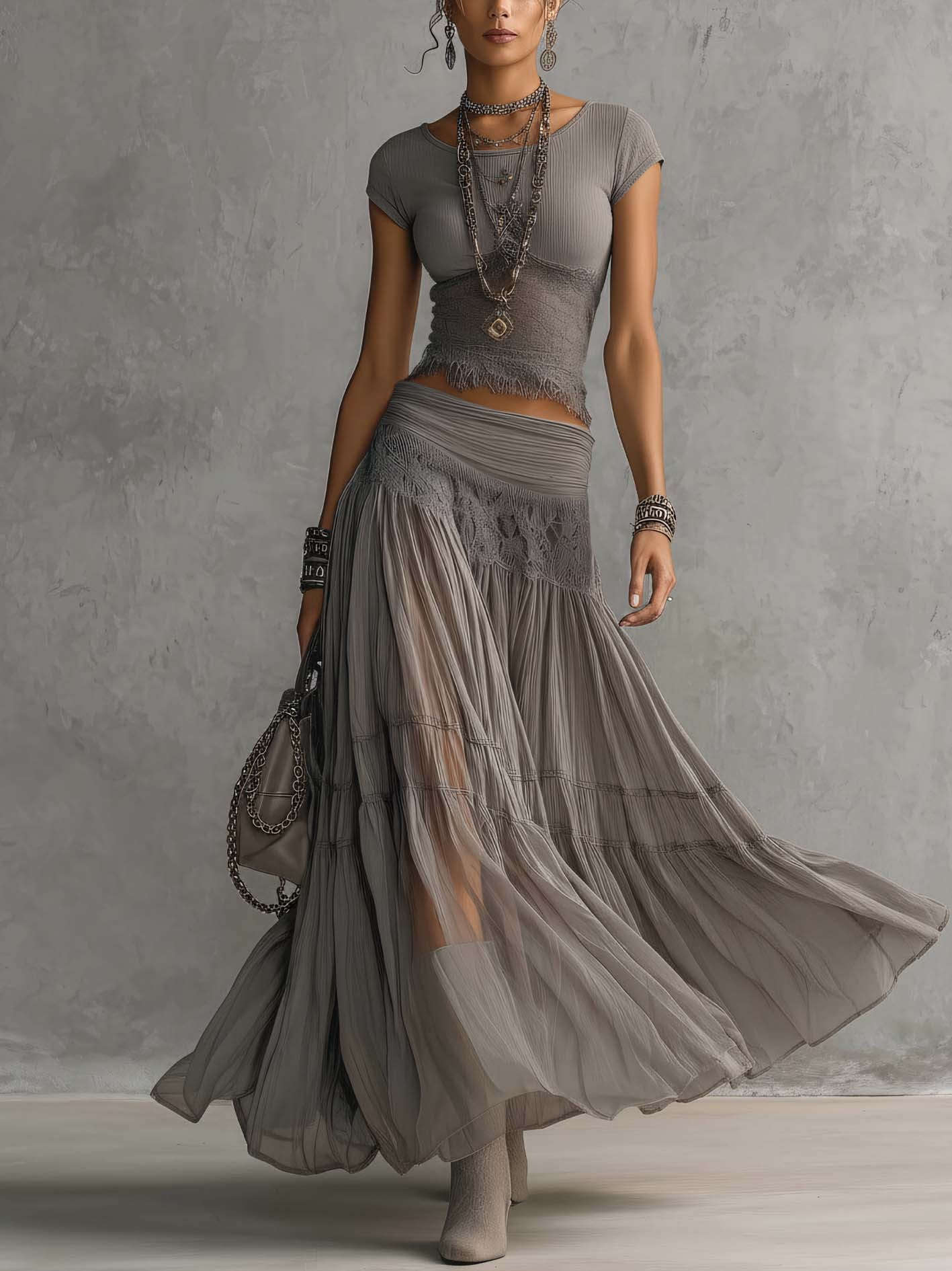 Transparent Lace Grey Top with Panel Details and Pleated Maxi Skirt Set