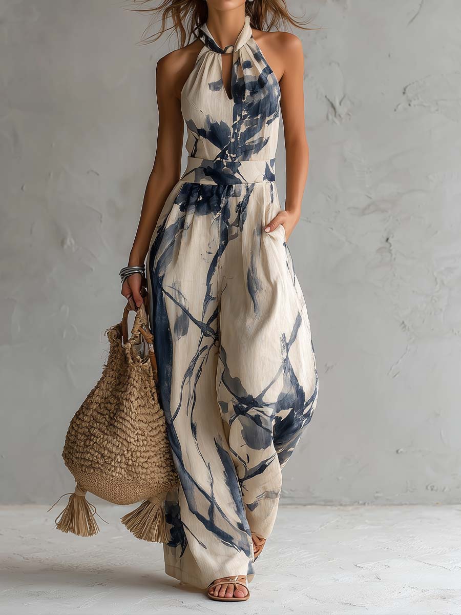 Ink Print Halter Neck Jumpsuit with Wide Leg Trousers and Pockets