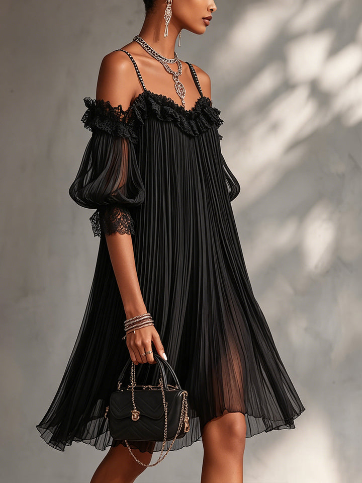 Vittoria | Black chiffon mini dress with off-the-shoulder design and lace trim