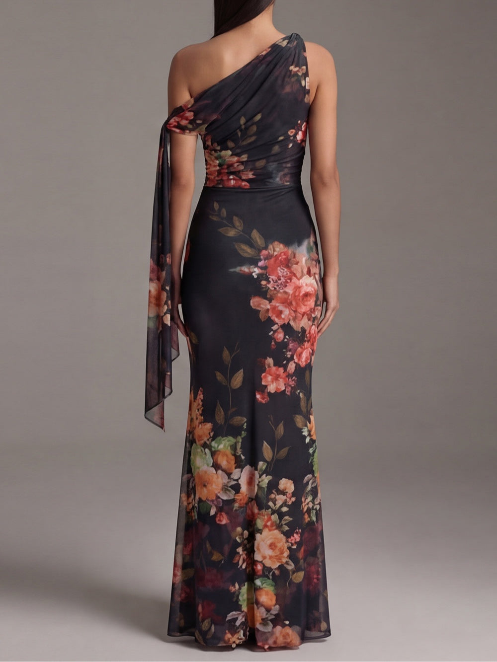 One-Shoulder Black Printed Chiffon Maxi Dress with Pleated Design