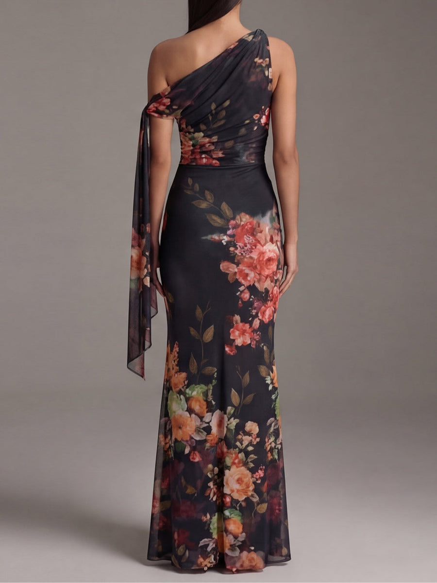 One-Shoulder Black Printed Chiffon Maxi Dress with Pleated Design
