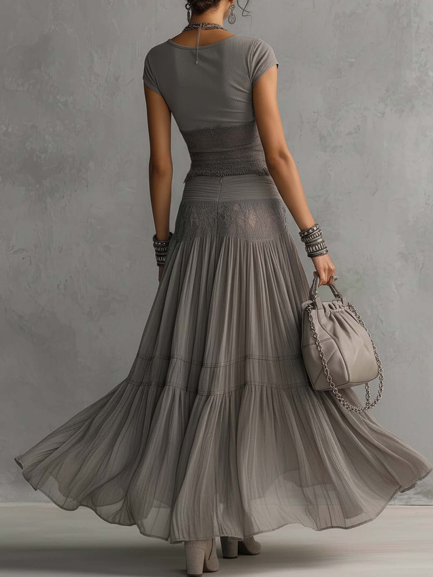 Transparent Lace Grey Top with Panel Details and Pleated Maxi Skirt Set