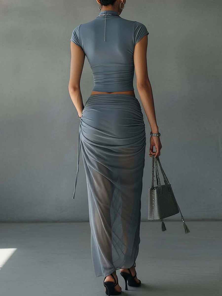 Blue Short Sleeve T-Shirt Set with Sheer Draped Skirt