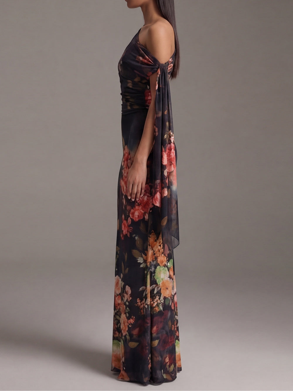 One-Shoulder Black Printed Chiffon Maxi Dress with Pleated Design