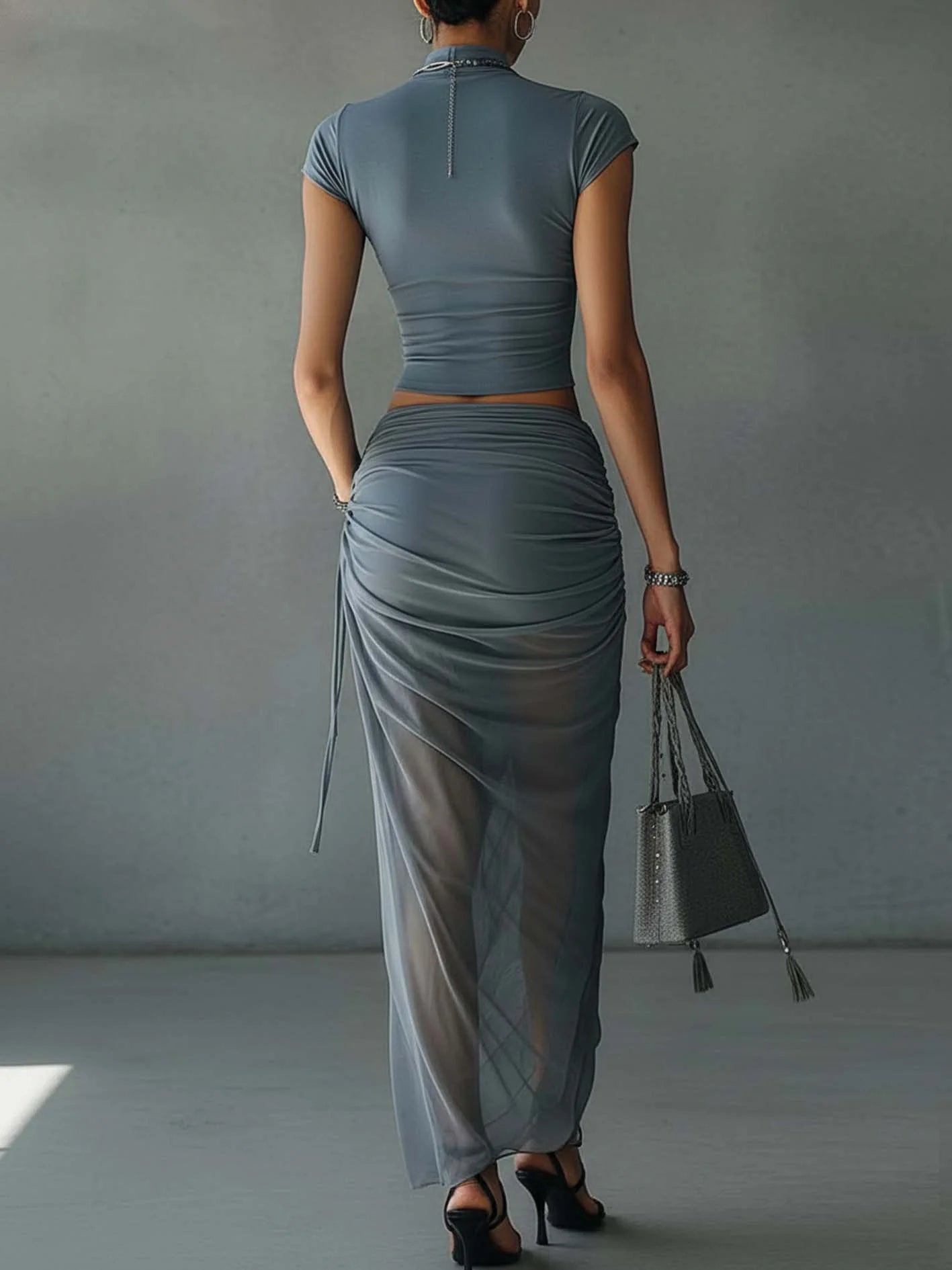 Blue Short Sleeve T-Shirt Set with Sheer Draped Skirt