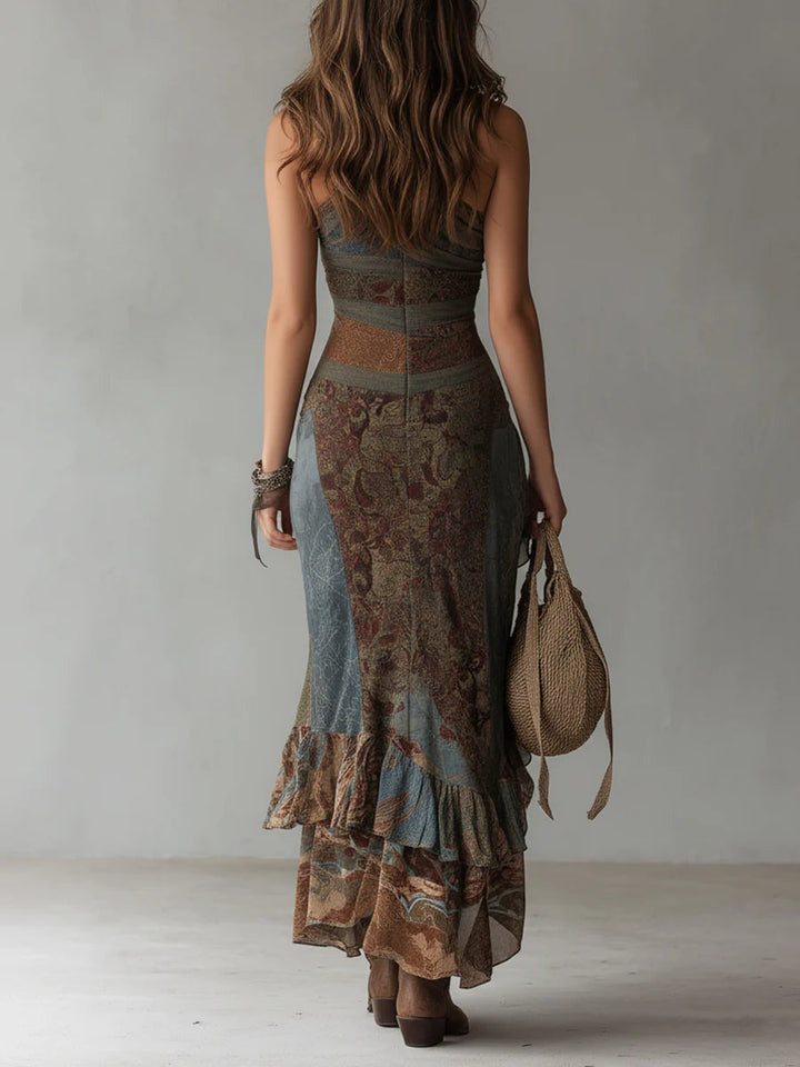 Elena ∙ Asymmetrical Long One-Shoulder Dress with Ethnic Print and High Split