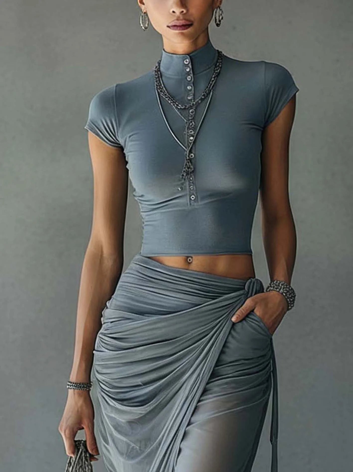 Blue Short Sleeve T-Shirt Set with Sheer Draped Skirt