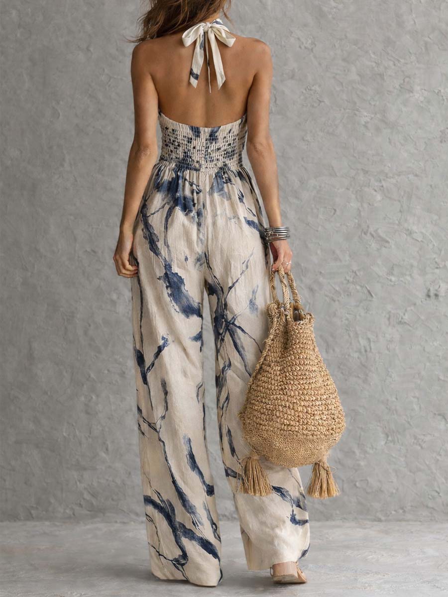 Ink Print Halter Neck Jumpsuit with Wide Leg Trousers and Pockets