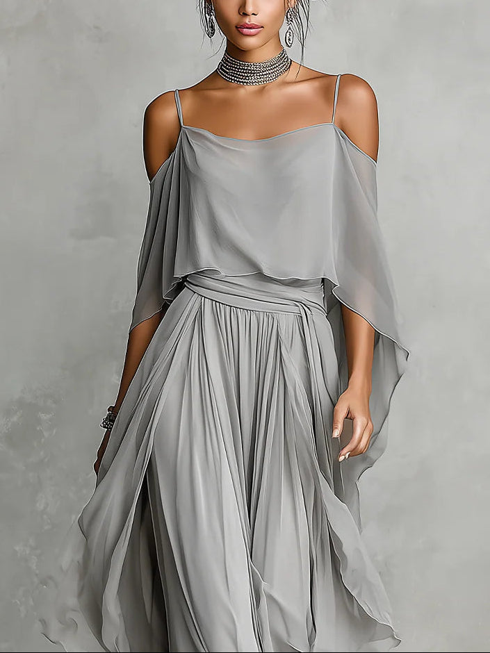 Grey Chiffon Ensemble: Flowing Tank Top with Off-the-Shoulder Trousers