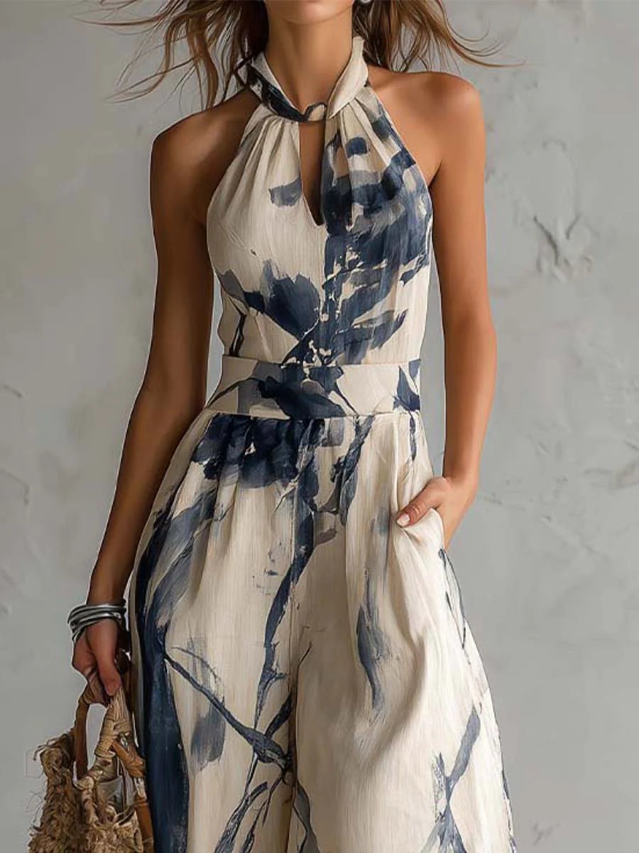 Halter Neck Ink Print Jumpsuit with Wide Leg Trousers and Pockets