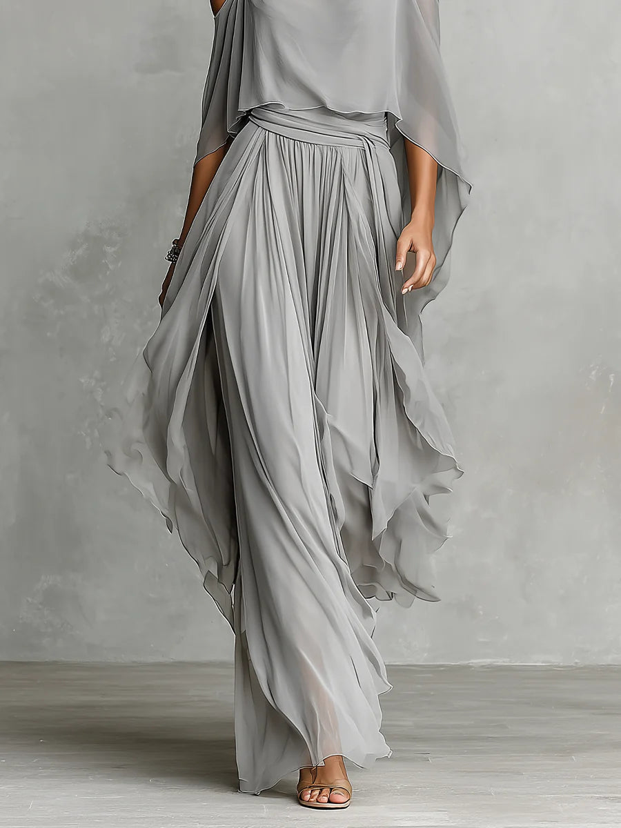 Grey Chiffon Ensemble: Flowing Tank Top with Off-the-Shoulder Trousers