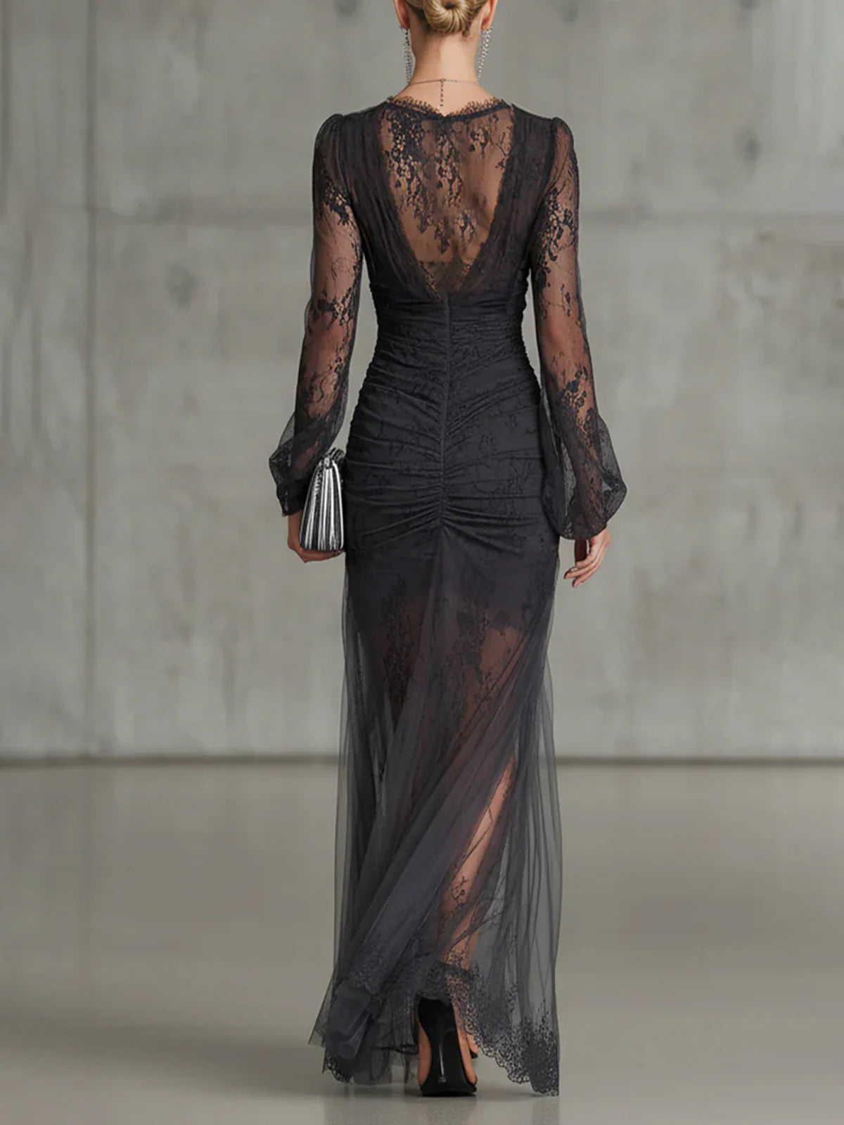 Long Sleeve Dark Grey Lace Maxi Dress with Side Split