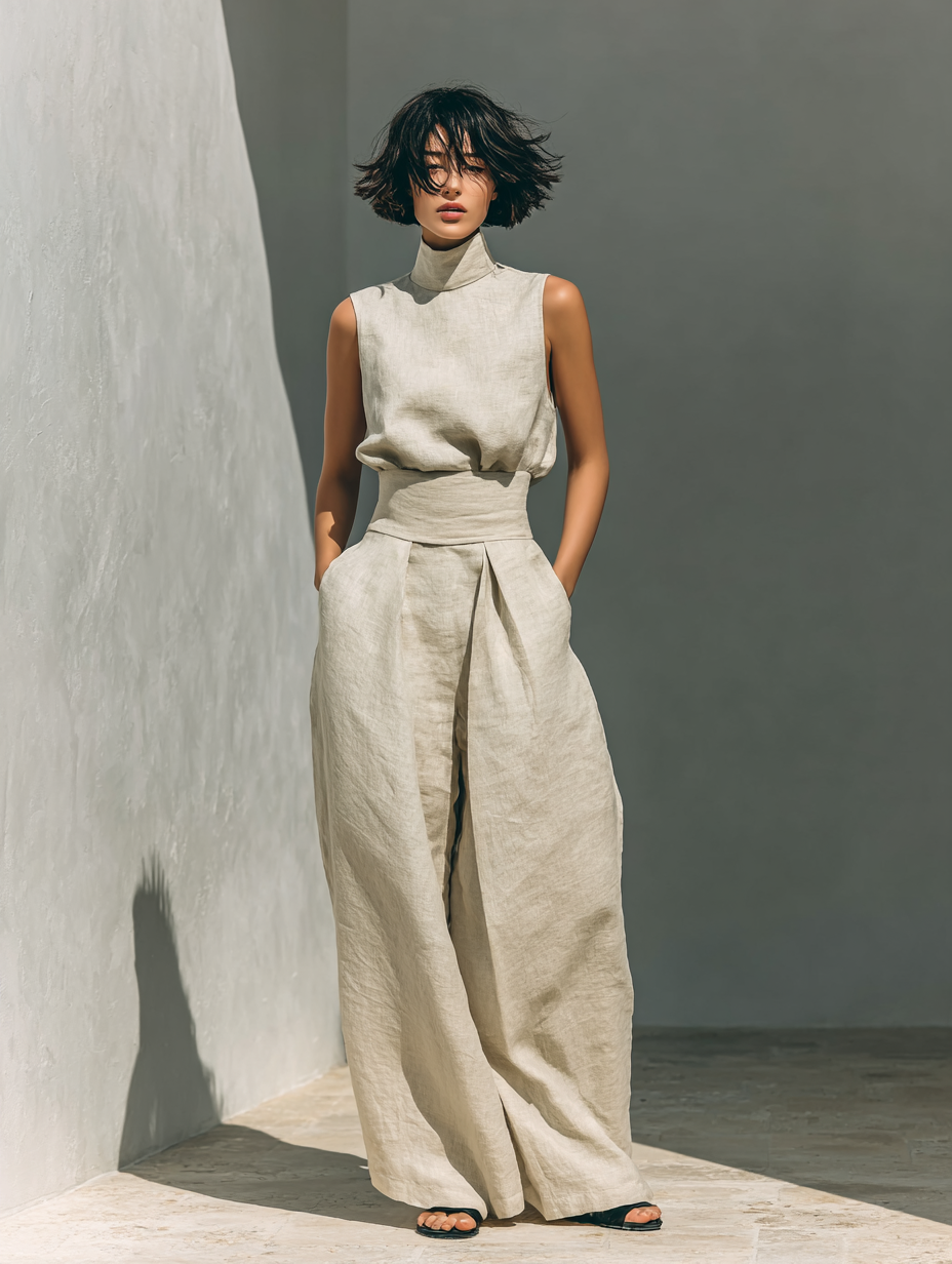Summer Suit: Sleeveless Top and Wide-Leg Trousers in Cotton and Linen Blend.