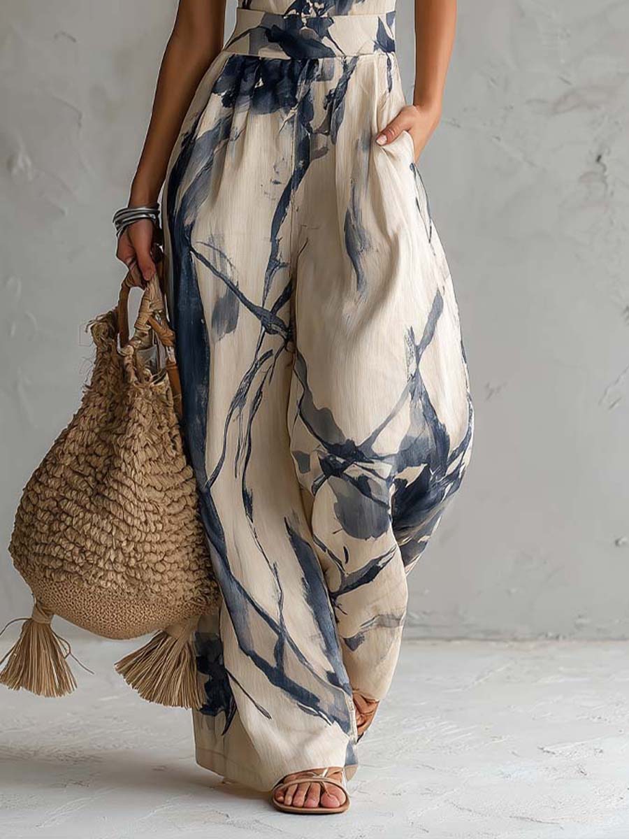 Ink Print Halter Neck Jumpsuit with Wide Leg Trousers and Pockets