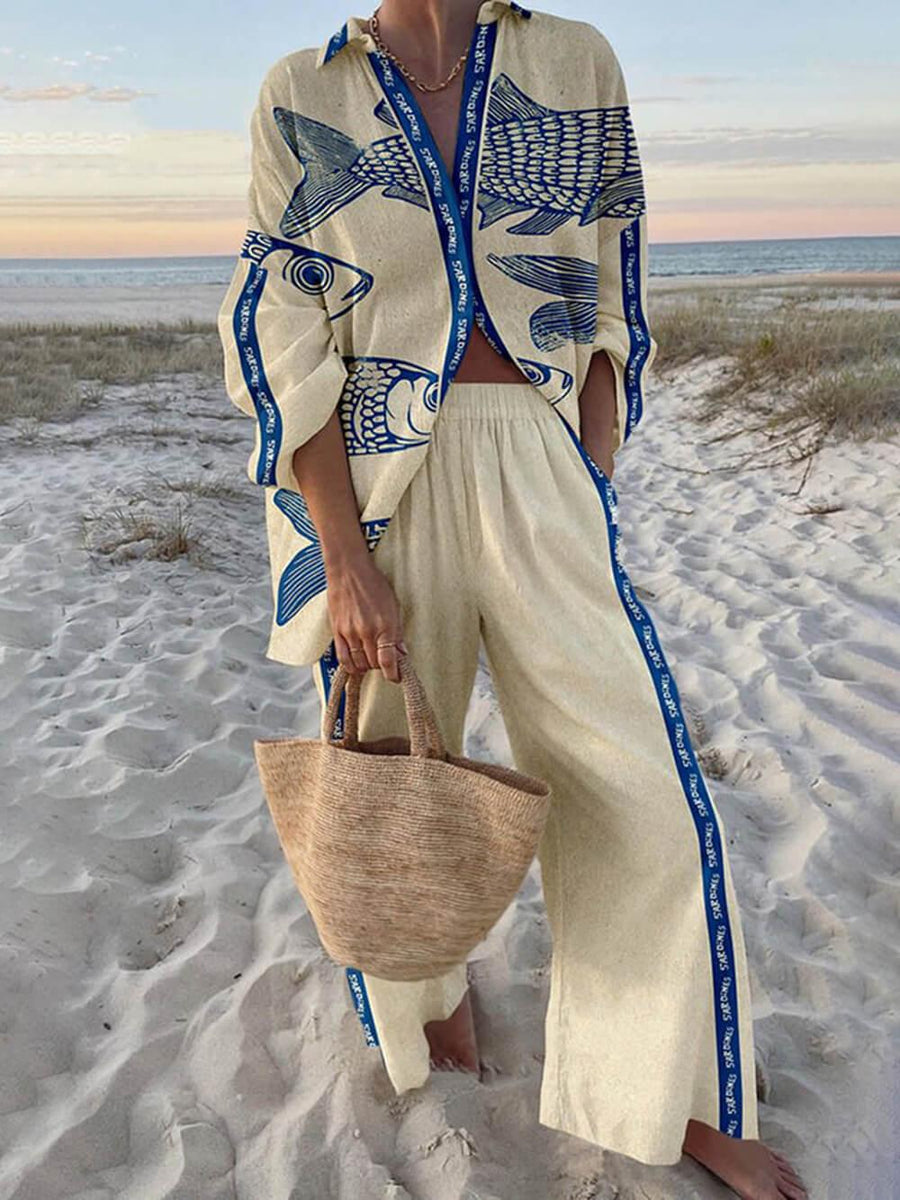 Mae | Island Style Ocean Print Oversized Shirt and Elastic Waist Pocket Trousers Set