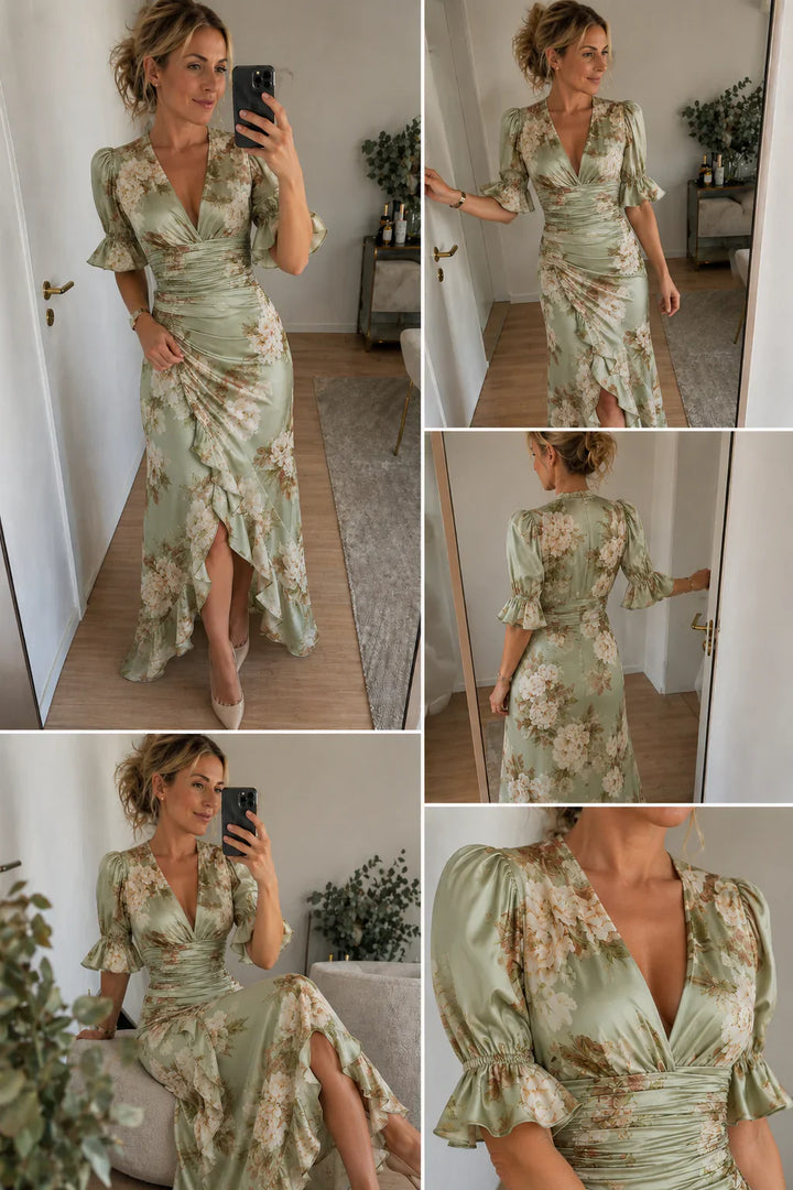 Lucía | Floral Print Asymmetrical Long Satin Dress