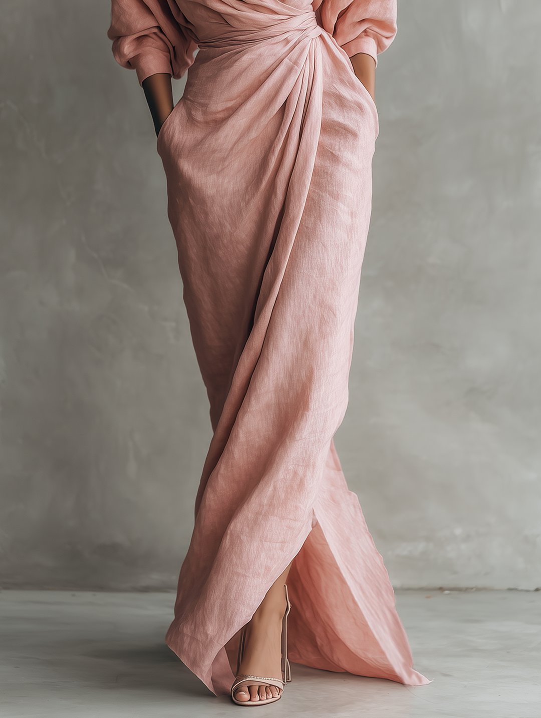 Long Minimalist Pink Dress with V-Neck in Linen Blend for Women