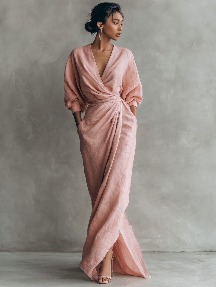 Long Minimalist Pink Dress with V-Neck in Linen Blend for Women