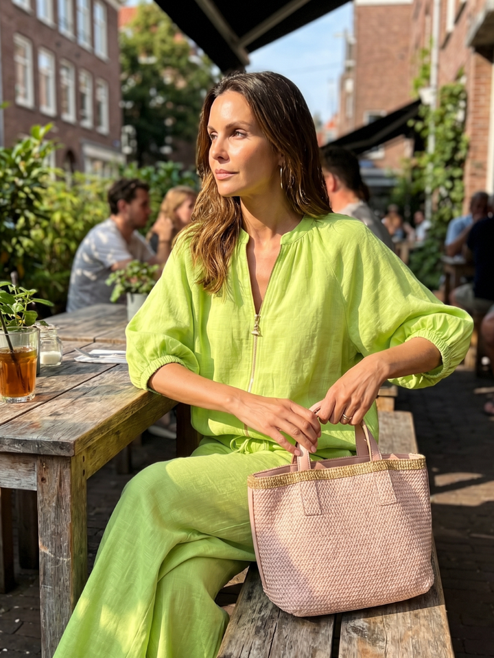 Natalia | Zip-Front Blouson Top with Wide-Leg Trousers