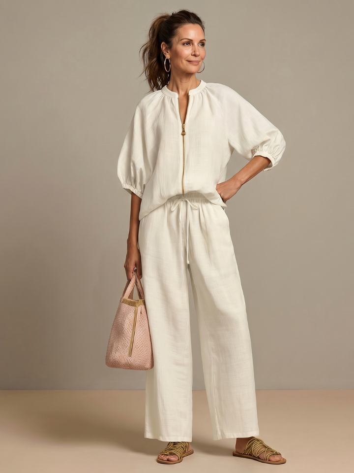 Natalia | Zip-Front Blouson Top with Wide-Leg Trousers