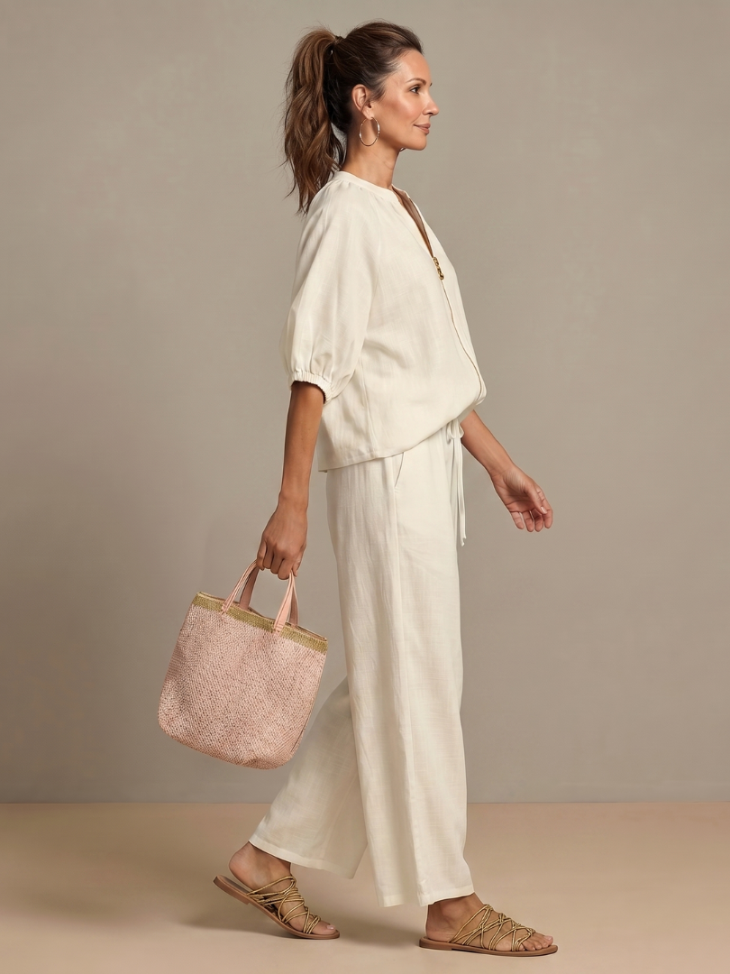 Natalia | Zip-Front Blouson Top with Wide-Leg Trousers