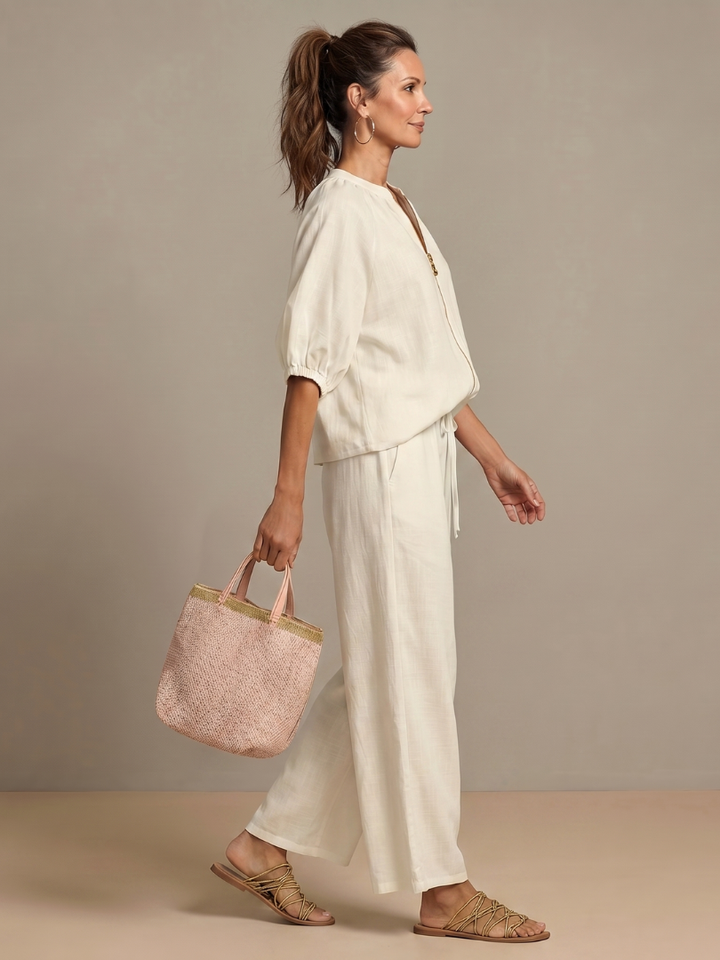 Natalia | Zip-Front Blouson Top with Wide-Leg Trousers