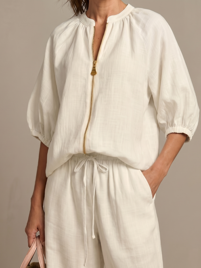 Natalia | Zip-Front Blouson Top with Wide-Leg Trousers