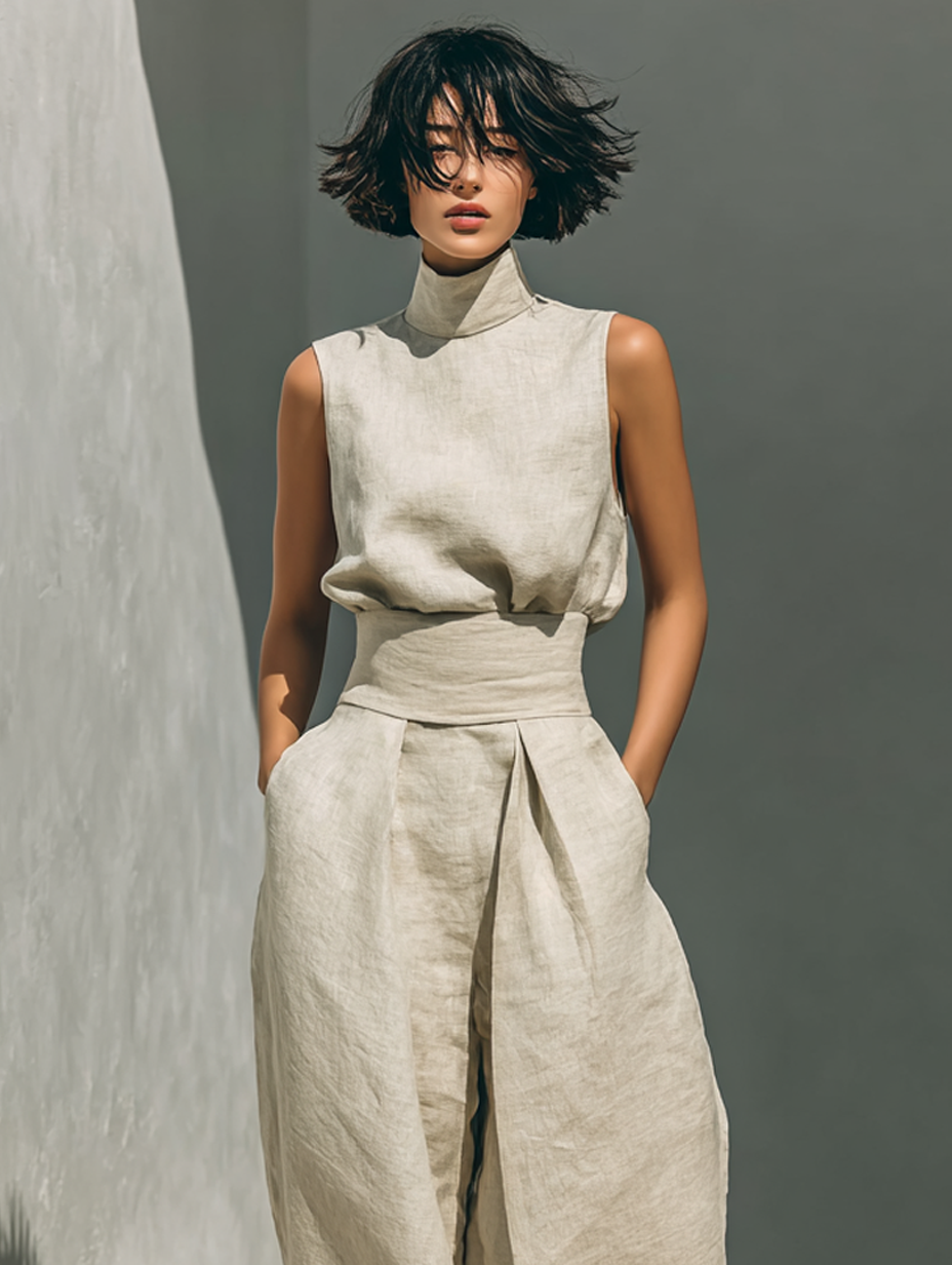 Summer Suit: Sleeveless Top and Wide-Leg Trousers in Cotton and Linen Blend.