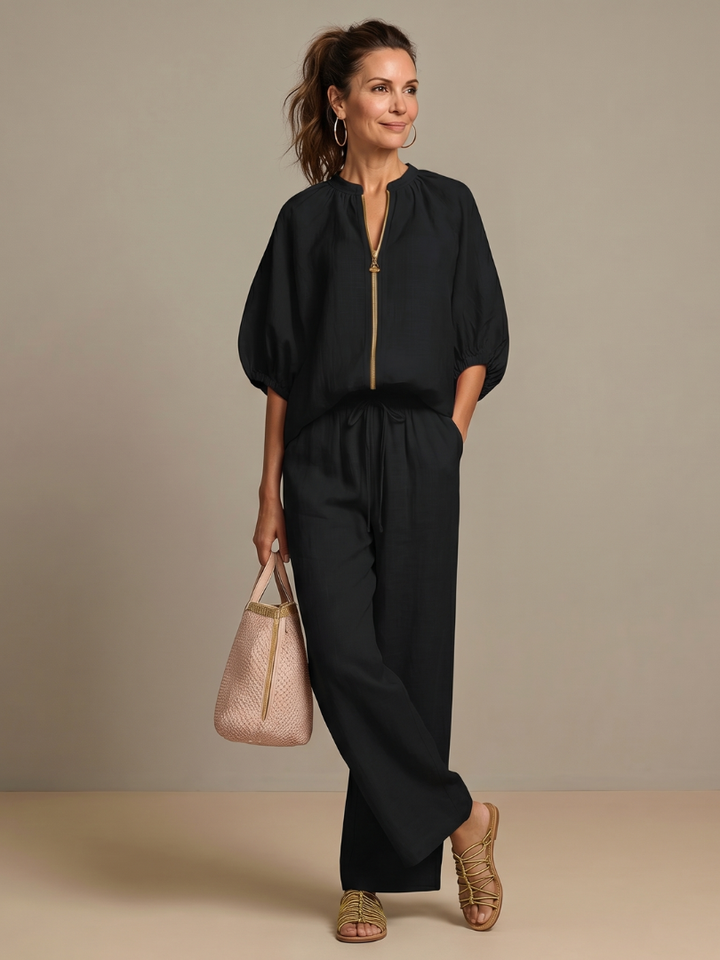 Natalia | Zip-Front Blouson Top with Wide-Leg Trousers
