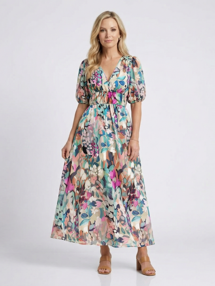 Eulalie | Midi Dress with V-Neck and Short Sleeves featuring Gathered Waist