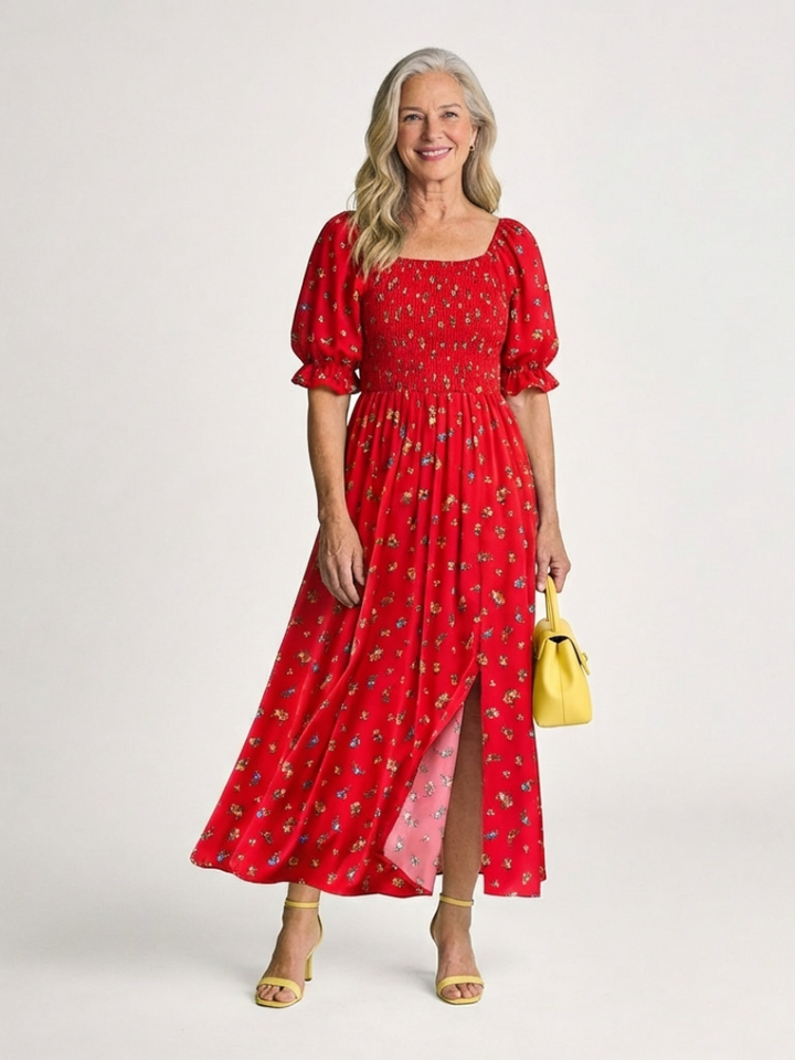 Delphine | Floral Midi Dress with Square Neck Design