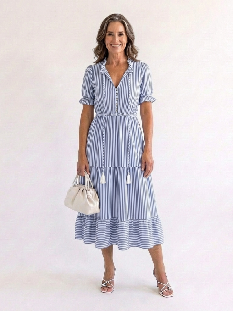 Dakota | Striped Midi Dress with Short Sleeves and Layered Design