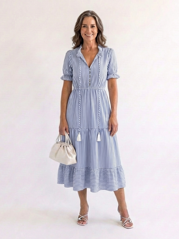 Dakota | Striped Midi Dress with Short Sleeves and Layered Design