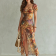 Ciel™ Ruffled Sleeve Ruched Slit Midi Dress