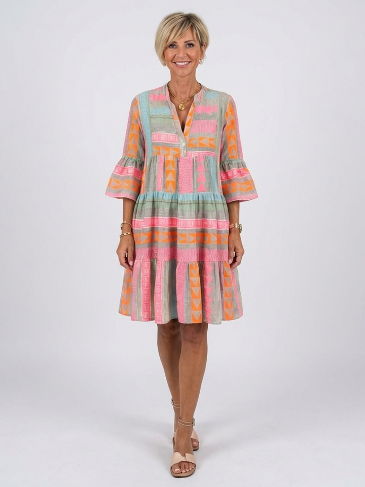 Maelle | V-Neck Tiered Dress with Geometric Print - Knee-Length