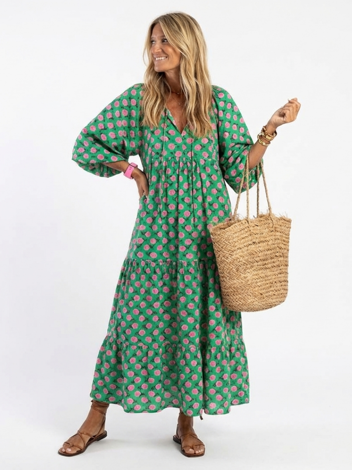 Fiora | V-Neck Tiered Midi Dress with Floral Print