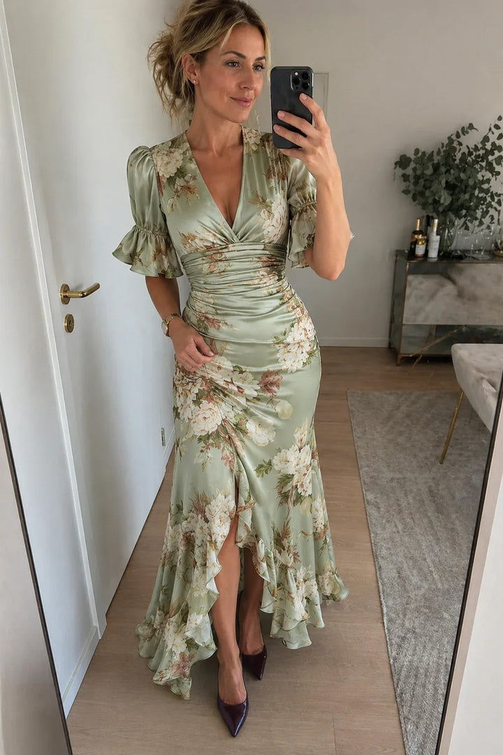 Lucía | Floral Print Asymmetrical Long Satin Dress